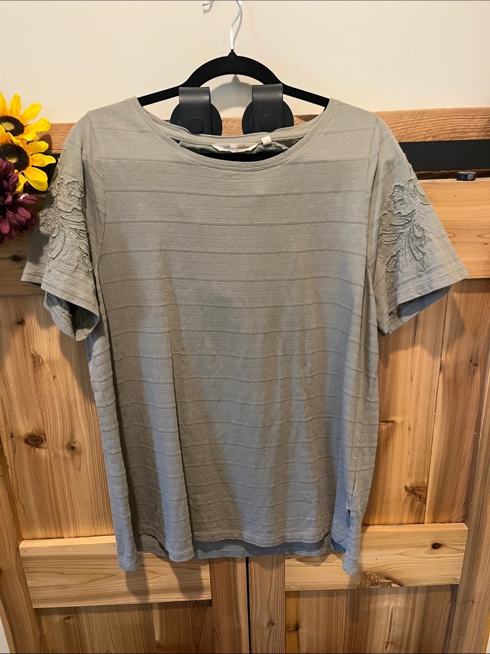 Soft Surroundings Sage Green Short Sleeve Embroidered Tee